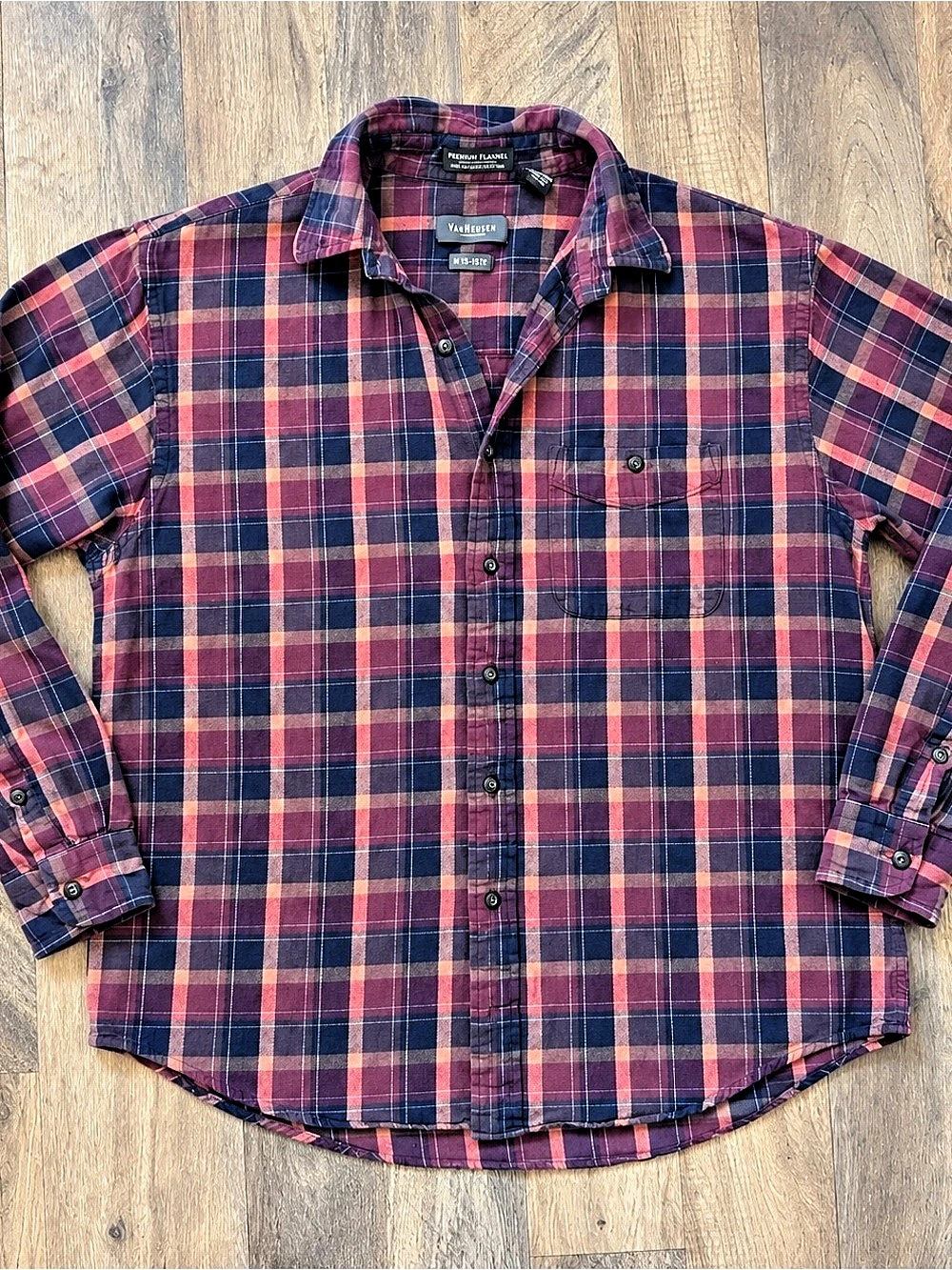 Van Heusen Men's Plaid Flannel Shirt Blue & Red Medium